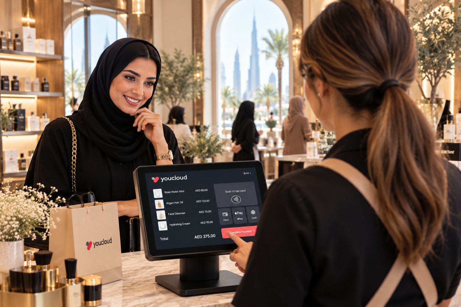 A customer paying at a boutique counter running youcloud POS