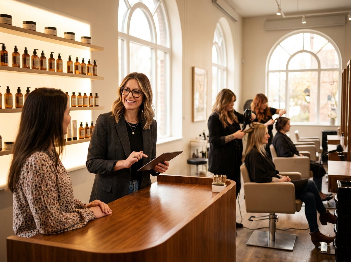 A salon receptionist checking a customer in on a youcloud tablet